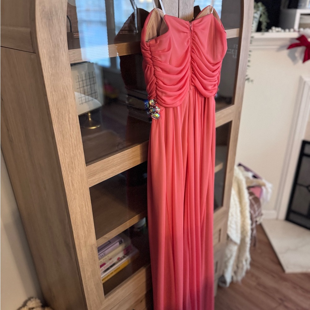 Coral Chiffon Maxi Dress w/ Jeweled Waist Strapless Formal Prom Evening Gown - Picture 3 of 6